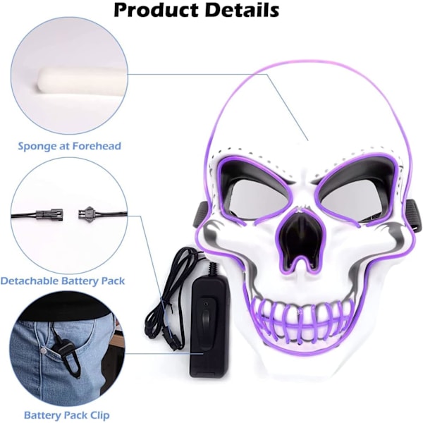 Halloween LED-naamio, LED-luurankonaamio, LED-puhdistusnaamiot, kauhunaamio, halloween-naamio, karnevaaliin, halloweeniin, cosplayhin ja juhliin Purple
