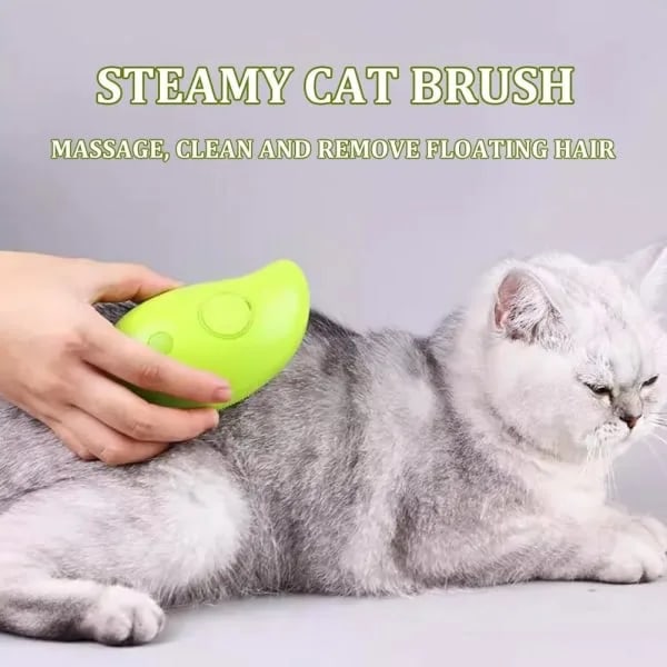Dampbørste til kat - 3-i-1 selvrensende massagebørste - Genopladelig silikonebørste til fjernelse af hår fra kæledyr Green mango