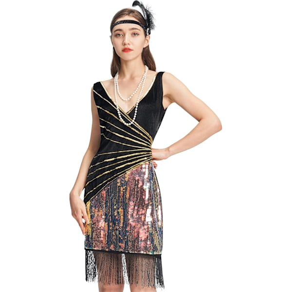 Kvinders Flapper 20'er Kostume Outfit V-Hals Sequin Kjole med Frynser Halskæde Perle Bånd S