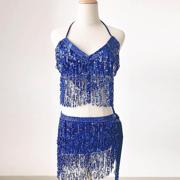 Dam Paljett Magdansdräkt Tofs Omlott Mini Kjol Klubb +Väst Set Blue