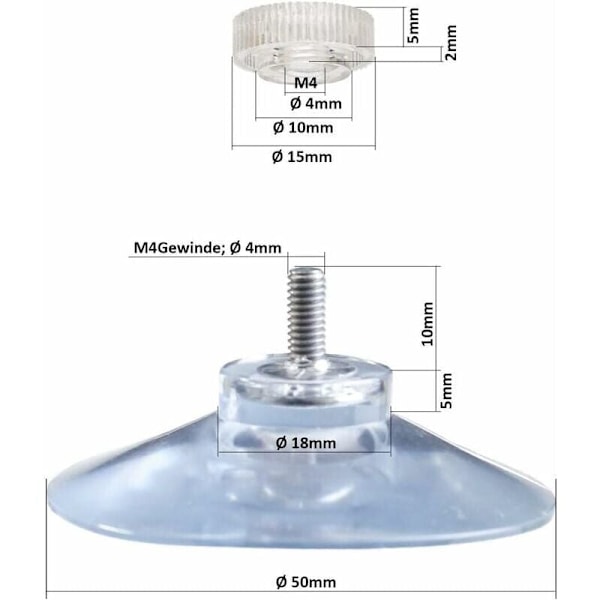 x sugproppar Ø 50 mm med M4x10mm gänga med räfflade muttrar Transparent - Tillverkad i Tyskland, från DEBUNS