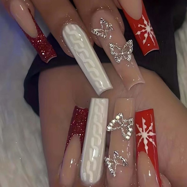 Long Square Press on Nails French Fake Nails Butterfly Nails Tips Full Cover Snowflake False Nails for Women and Girls 24Pcs, Red