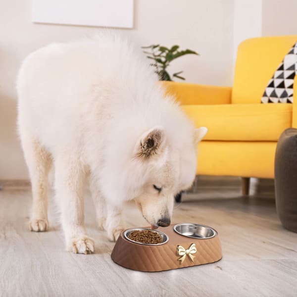 Stor hundeskål i rustfrit stål, dobbelt mad- og vandskål, vaskbar skridsikker base, til hunde og katte, brun