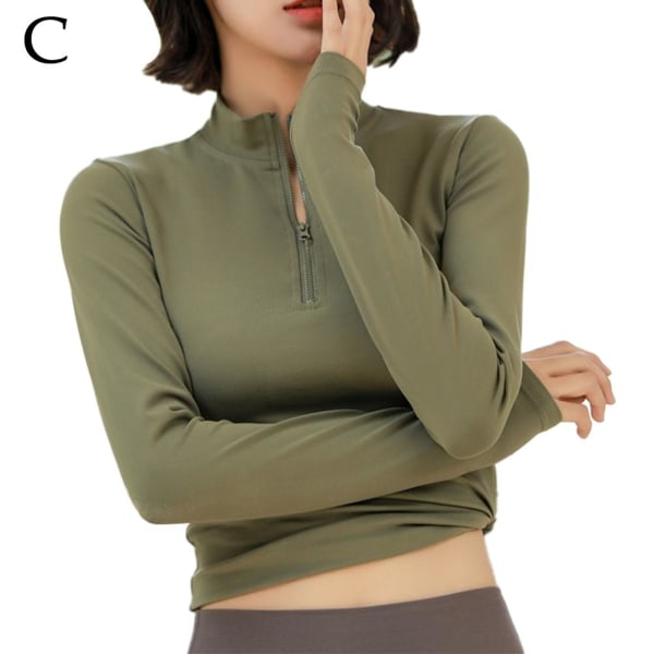 Yogaskjortor Långärmad sporttopp med dragkedja Solid Slim Elastic green XXL