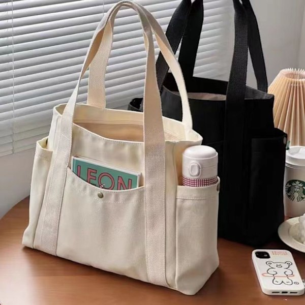 Stor Canvas Tote Bag för Arbete, Resor, Bärväska, College-stil, Student Outfit, Bok, Axelväska Brown