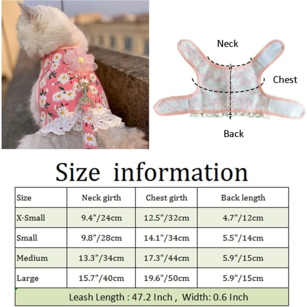 IC Hundklänning med Koppel Set Tryckt Daisy Mönster Katt Sele Klänning Andningsbar Mesh Valp Sele Koppel Set (Medium, Rosa)