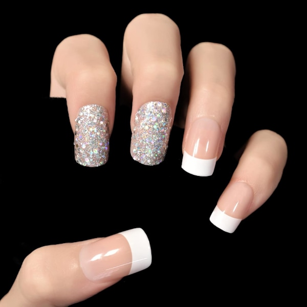 Tjocka press-on falska naglar medium fyrkantig storlek vita franska nagelkonsttoppar glans mix silver glitter kvalitetsakrylnaglar