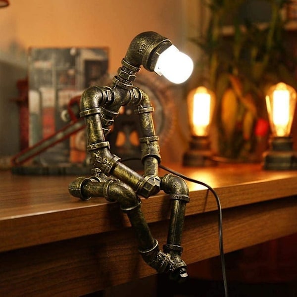 Vintage Retro Industrielt Jern Vandrør Bordlampe Sengelampe Skrivebordslampe Steampunk Robot E27 Energibesparende Lys LED Bar Loft Dekoration