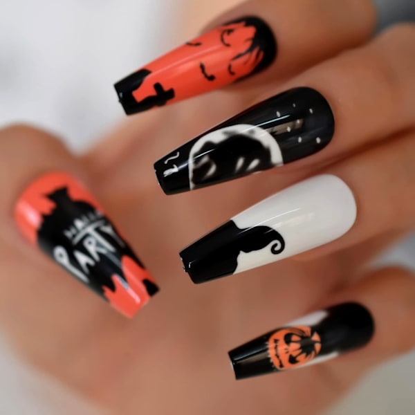 Halloween Ekstra Lange Græskar Tryk På Negle Balck Hvid Kiste Falske Negle Fuld Dækning Blanke Ballet Fingernegl Kunst Tips