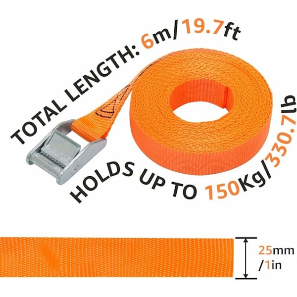 Kiinnitysvöiden sarja, 4 kpl, pituus 6 m, leveys 25 mm, kiinnityskyky 150 kg, täyttää standardin DIN EN 12195-2 - Oranssi