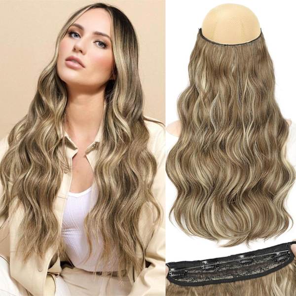 Usynlige trådhår extensions lang bølget gjennomsiktig trådhår extensions for kvinner justerbar størrelse 4 sikre klips 20 tommer medium brun askeblond