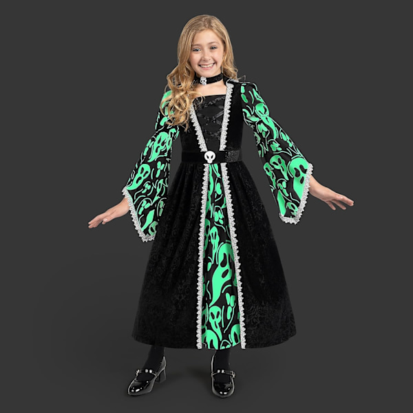 Hekse kostume til piger, sort kjole med mørkt hekseprint til pigers halloween kostumer og rollespil Medium(8-10 yrs)