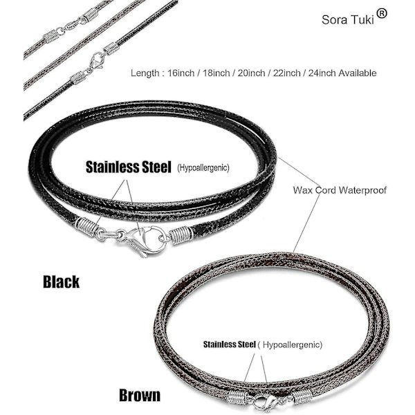 Läderhalsbandssnöre med spänne, 16-24 tum flätat rep halsband för män kvinnor 316l rostfritt stål spänne, 2mm svart lädersnöre halsband brunt