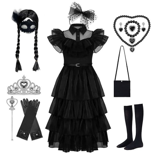 Wednesday Addams -mekko Cosplay-asu Lapsille Tytöille Juhlat Mustat Mekot Kaulakoru Naamio Mekko Setti 120cm