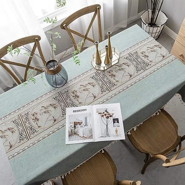 IC Rektangulär fläckresistent bordsduk linne bomull broderad bordsduk Elegant kinesisk stil tryckta dukar (fyrkantig, 140 x 140 cm)