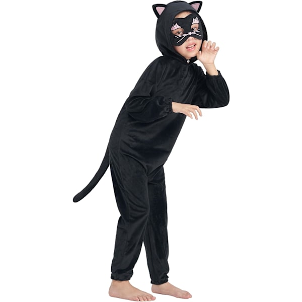 Sort Kattekostume til Børn, 3-delt Jumpsuit med Hætte, Fastelavnskostume, Drenge, Piger, Rollespil til Halloween, Karneval, Fest 3-10 År 7-8 Jahre