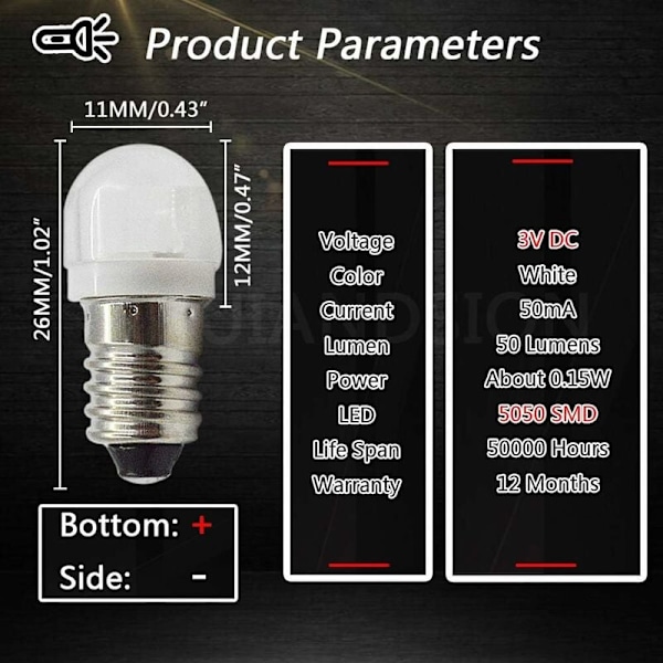 4 st 3V 0.2W E10 LED-lampa 5050 1SMD Vit 3000K LED Ersättningslampa Uppgradering för Strålkastare Ficklampor