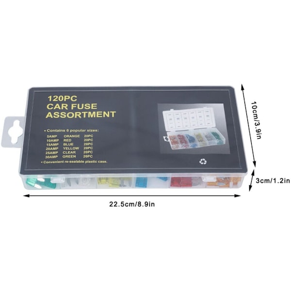 120 stk./æske Lille Størrelse Bil Bladsikringssortiment 5 AMP, 10 AMP, 15 AMP, 20 AMP, 25 AMP, 30 AMP, DUBUNS