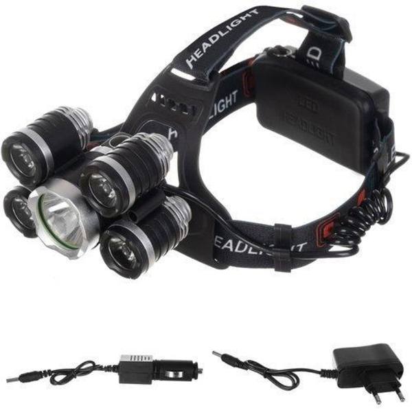 Stark pannlampa 5 x LED CREE T6 Inkluderar Batterier och Laddare Black Svart