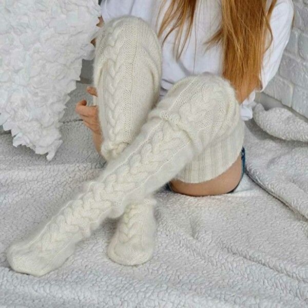 Varme Strikket Knæstrømper Høje Strømper Thigh High Hvid Hvid white