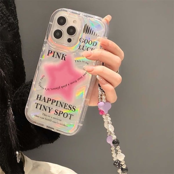 IC Case til iPhone 14 med telefoncharm/kæde, glitrende rosa stjernemønster Klart sødt phone case med Pearl Love