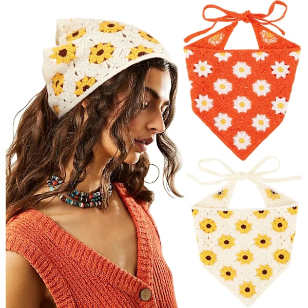 2 stk. hæklet hårbandana vintage knyttet tørklæde jordbær print print strikket tørklæde til kvinder pige 2 Pcs Daisy(red+beige)