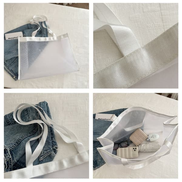 Transparent Strand Nylonväska Mesh Handhållen Shoppingväska VIT Vit White