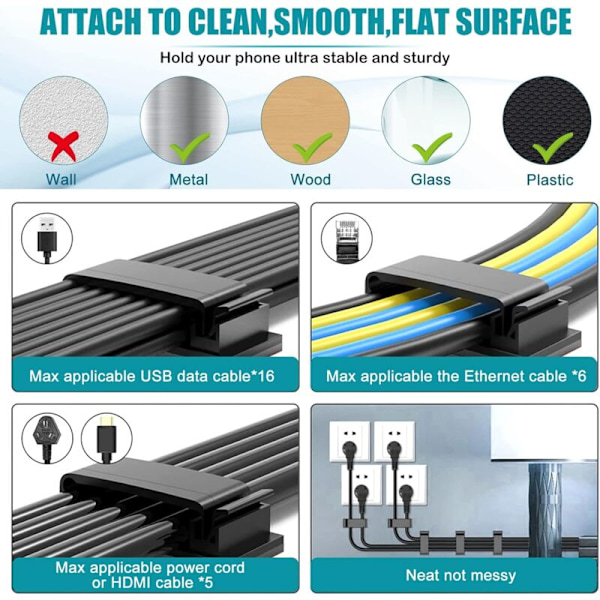 10 stk Selvklebende Kabelholder Slitesterke Klemmer for TV PC Laptop Ethernet-kabel Hjemmekontor (Svart)