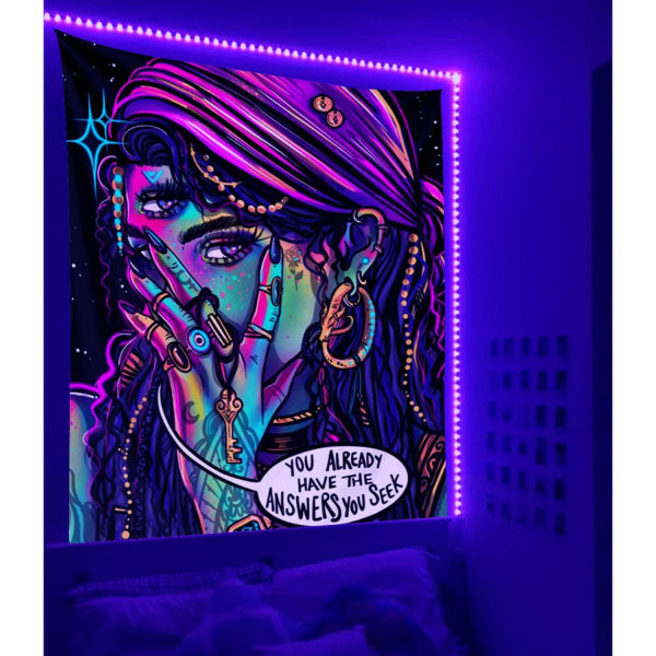 Hippie Väggtapet Trippy Cool Girl Art Mystisk gobeläng Teen Girl och Pojke Vägghängande gobelänger för Sovrum Hemma（90*120cm）-F163
