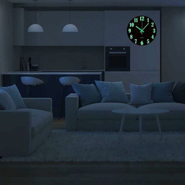 12\" Självlysande Väggklocka, Tyst Träklocka med Nattlampa, Anti-Tick för Vardagsrum, Sovrum, Kök - Brun (Klassisk Digital)