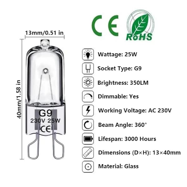 20-Pack G9 Halogen Bulbs/Pin Bulbs 25W/28W/40W, 230V – Warm White – Halogen, High Performance 40W 40W