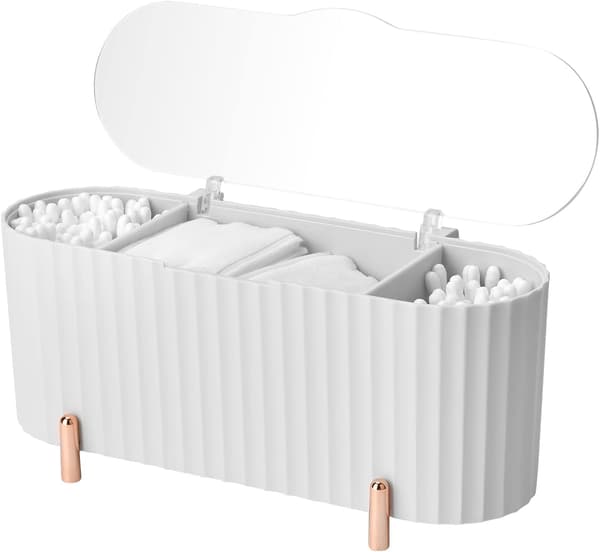 Bomullspadholder, 3-roms ABS oppbevaringsboks med lokk for Q-tips og bomullsdotter, baderomsbord, hvit
