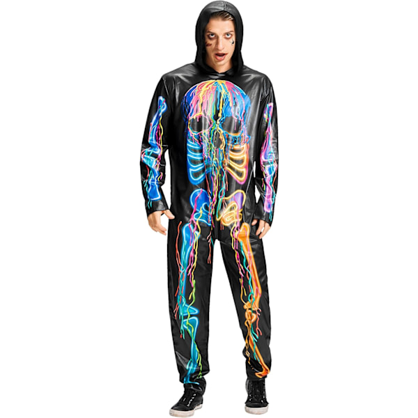 Skelettkostym för män, läskig Halloween-huva, snygg klänning, outfit, färgad ansiktsprint, benkostym Skelett L