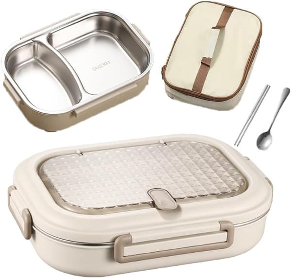 Madkasse i rustfrit stål, lækagesikker isoleret 2-rums, til voksne, studerende og rejser, hvid, 1000 ml