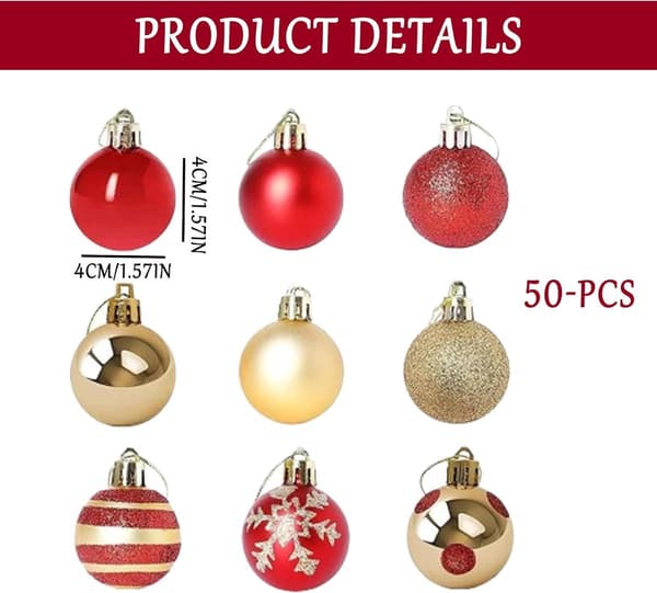50 stk plast julekuler 4 cm - trepynt, fargede kuler, oppheng