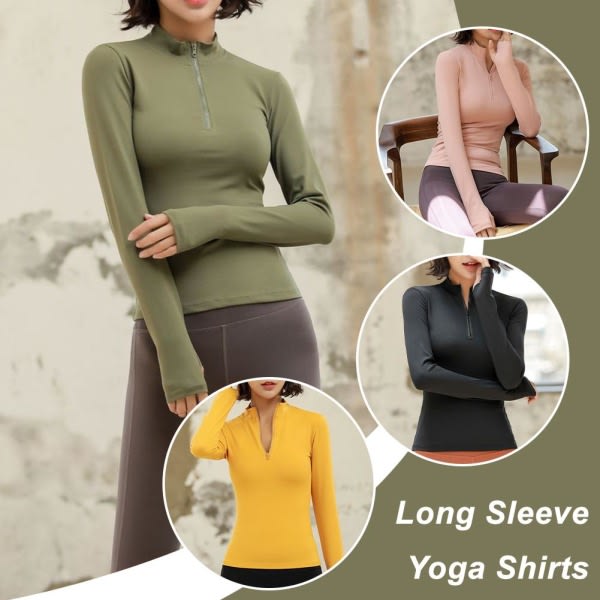 Yogaskjortor Långärmad sporttopp med dragkedja Solid Slim Elastic green XXL