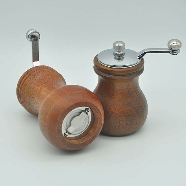 Håndsveivet kvern i massivt tre og pepperkvern for restaurering, oppgradering og justerbar tykkelse på pepperkverner (8,5 x 6 cm)