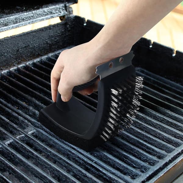 3-i-1 BBQ Grillrensebørste Med Stålbørster, Skraber Og Svamp, Til Griller, Ovne Og Riste, Sort