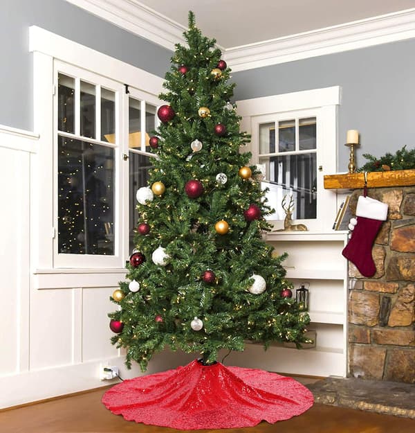 Julgransmatta 122 cm röd julgransmatta med paljetter