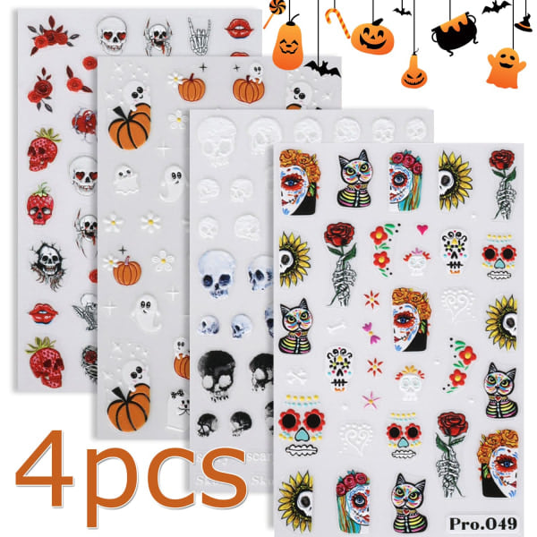 IC 5D Halloween Negledekaler, 4 stk selvklebende pregede mønstre Skaller Zombiebrud Spøkelser Gresskar Create(Corpse Bride)