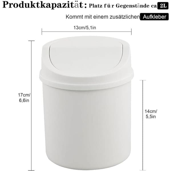 Mini søppelbøtte med lokk, bordmodell, liten søppelbøtte i plast, hvit