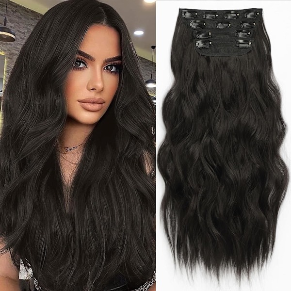 Clip in Synthetic Hair Extensions Long Wavy 4PCS Thick Hairpieces Dark Black Brown Fiber Double Weft Natural Hair Extensions 24Inch for Women