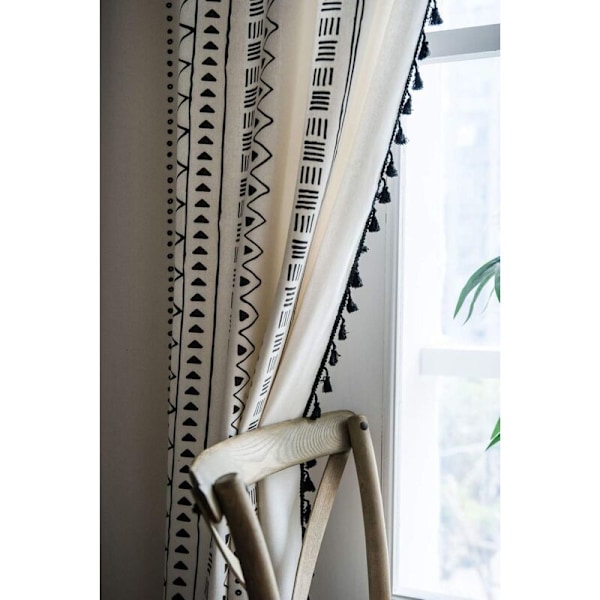 Panel Bohemske Gardiner i Bomulls- og Linstoff med Svart Dusk for Stue og Soverom (Hvit, 150 x 180 cm)