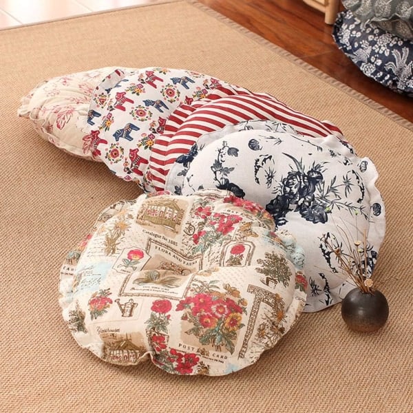 IC Boho mjuk golvkudde med volanger, rund sittdyna med tryck Tatami för meditation, yoga, vardagsrum, balkong (himmelsblå, 40,6 x 40,6 x 10,2 cm)
