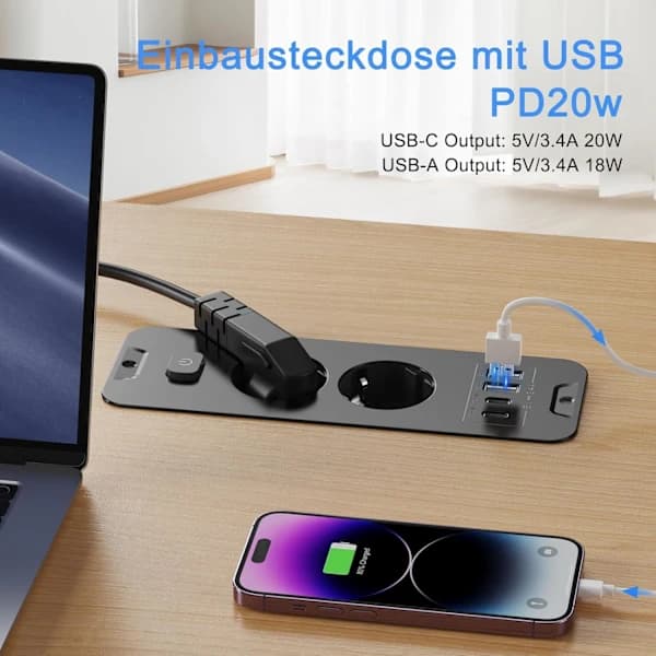 2-vejs udtrækkelig - 2-vejs med 2 USB, bordstik med 2 USB C, 2 afbrydere, 2 M kabel sort 2-dobbelt udtræk sort 2-dobbelt udtræk, sort black 2-fold withdrawal,black