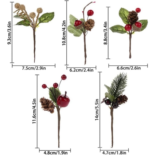 Konstgjorda Tallkvistar, 30 st Julröda Bär Tallkottar Stjälkar, Mini Stimulerande Röda Bärgrenar för Julblomsterarrangemang