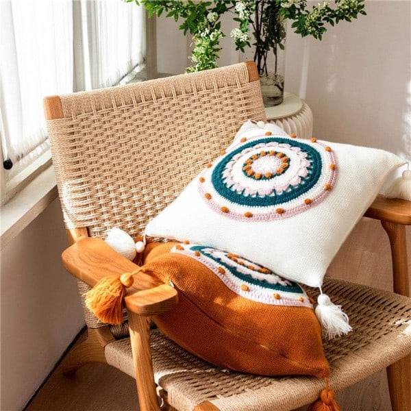 IC Dekorativt strikket bomulls sofatrekk med dusk Rundt blomstrete Farmhouse putetrekk for sovesofa (hvit, 18\"x18\")