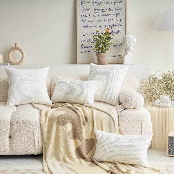 IC Svankkuddar for sofa Soverom Sett med 2 myke stripete samme avlange dekorative hvite puter, 12x20 tommer, hvit