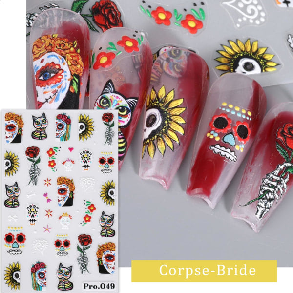 IC 5D Halloween Negledekaler, 4 stk selvklebende pregede mønstre Skaller Zombiebrud Spøkelser Gresskar Create(Corpse Bride)