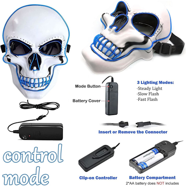 Halloween LED-maske, LED-skeletmaske, LED-rengøringsmasker, horrormaske, halloweenmaske, til karneval, halloween, cosplay og fester Blue